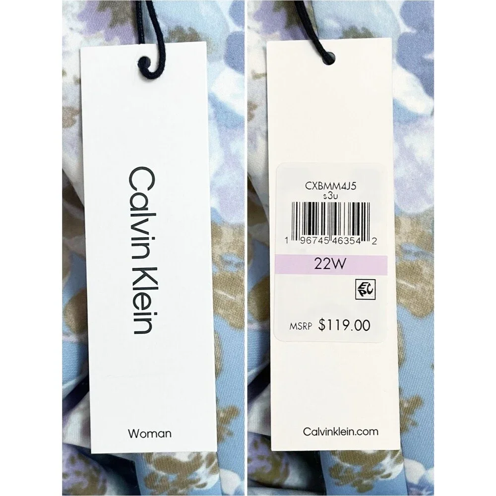 NWT Calvin Klein 22W Blue Floral Sheath Dress Plus Size Cap Sleeve Career